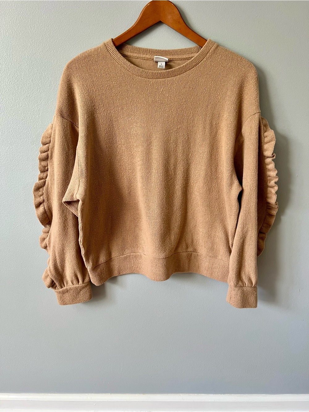 a new day Ruffle Sleeve Crewneck Sweater - Camel/Tan Drop Shoulder Size Large